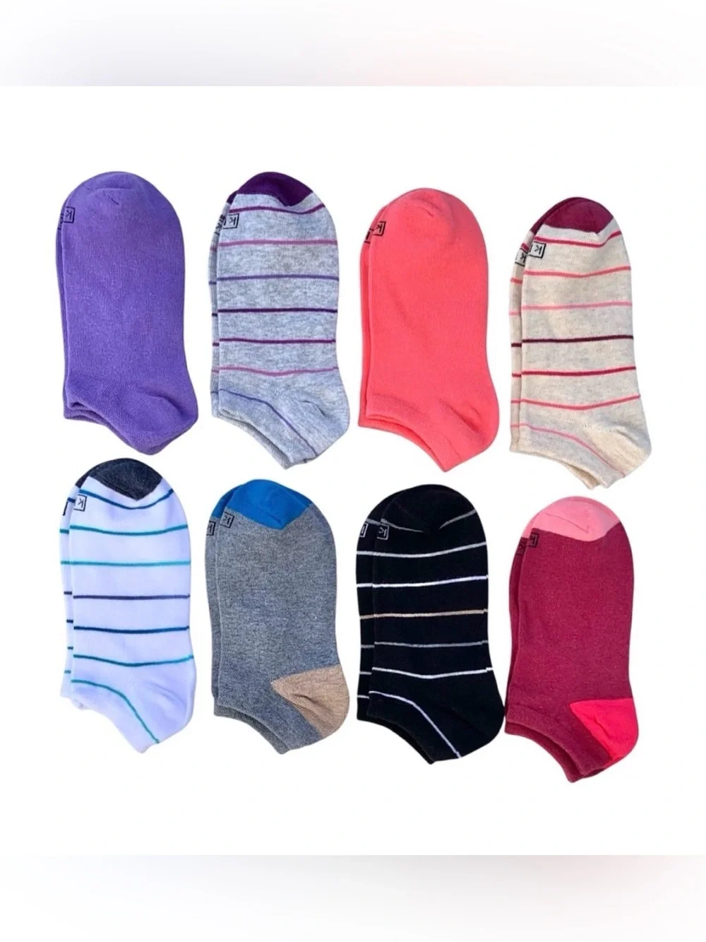 K. Bell No Show Socks 8-Pair Solid & Stripes Variety Pack, Women’s Shoe 5.5-10